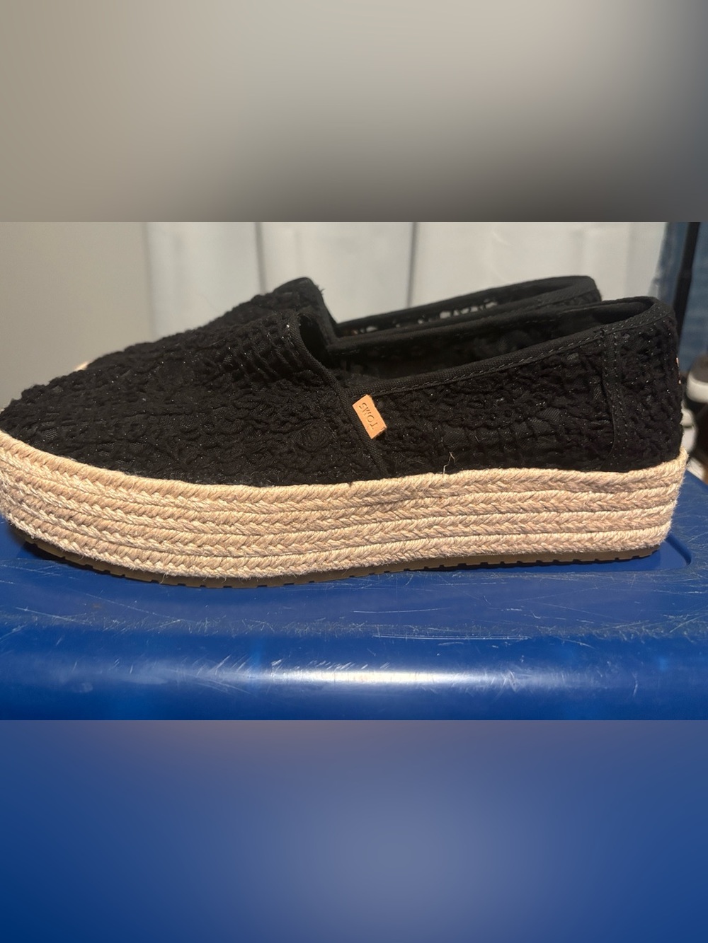 Toms Black Crochet Slip-On Moccasins with Espadrille Trim
